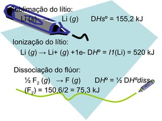 Sublimação do lítio:
Li (s) → Li (g) DHsº = 155,2 kJ
Ionização do lítio:
Li (g) → Li+ (g) +1e- DHº = I1(Li) = 520 kJ
Dissociação do flúor:
½ F2 (g) → F (g) DHº = ½ DHºdiss
(F2) = 150,6/2 = 75,3 kJ
 