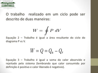 O trabalho realizado em um ciclo pode ser
descrito de duas maneiras:

Equação 2 – Trabalho é igual a área resultante do ciclo do
diagrama P vs V.

Equação 3 – Trabalho é igual a soma do calor absorvido e
rejeitado pelo sistema (lembrando que calor consumido por
definição é positivo e calor liberado é negativio).

 