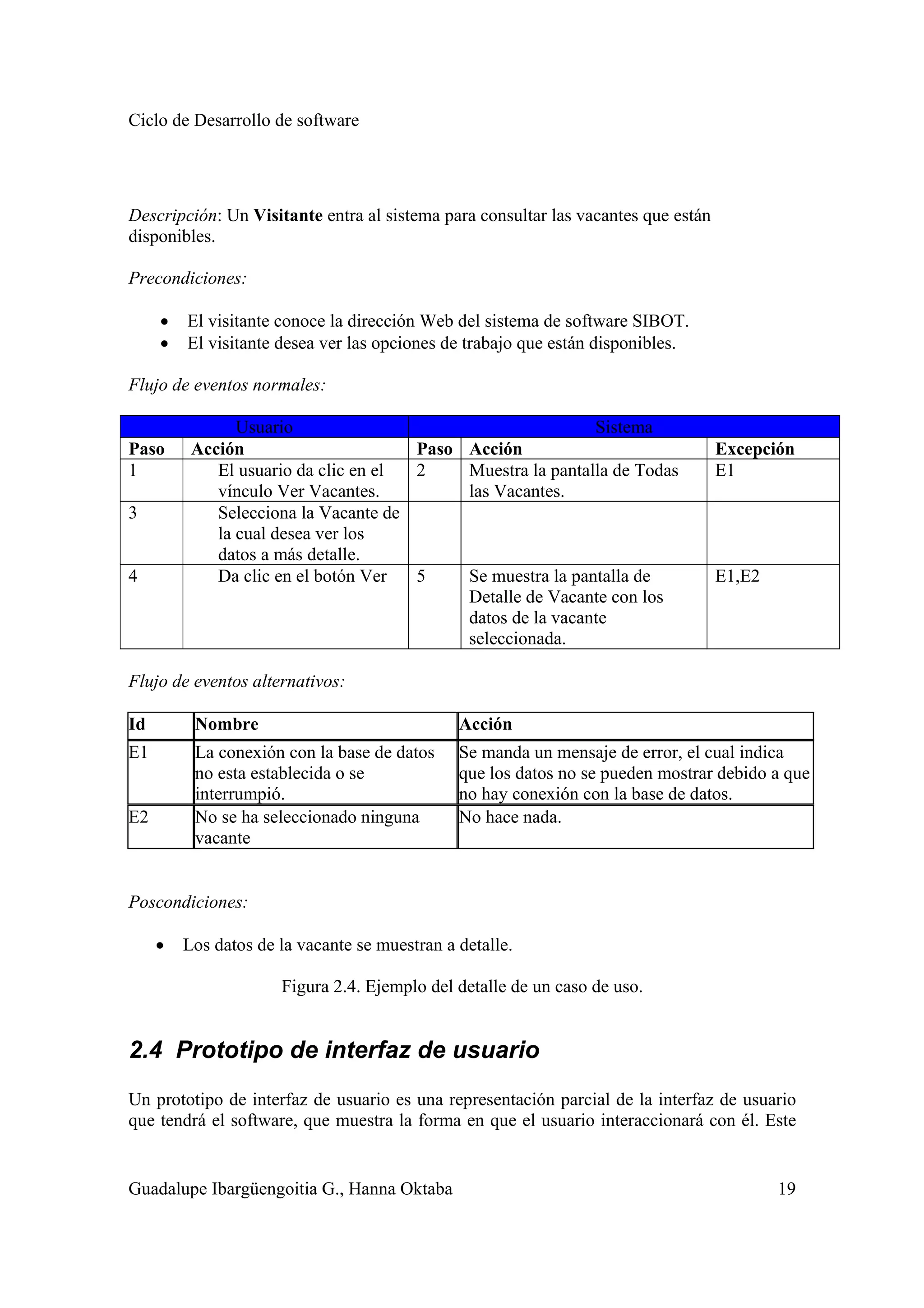 Ciclo de Desarrollo de software
Guadalupe Ibargüengoitia G., Hanna Oktaba 19
Descripción: Un Visitante entra al sistema para consultar las vacantes que están
disponibles.
Precondiciones:
• El visitante conoce la dirección Web del sistema de software SIBOT.
• El visitante desea ver las opciones de trabajo que están disponibles.
Flujo de eventos normales:
Usuario Sistema
Paso Acción Paso Acción Excepción
1 El usuario da clic en el
vínculo Ver Vacantes.
2 Muestra la pantalla de Todas
las Vacantes.
E1
3 Selecciona la Vacante de
la cual desea ver los
datos a más detalle.
4 Da clic en el botón Ver 5 Se muestra la pantalla de
Detalle de Vacante con los
datos de la vacante
seleccionada.
E1,E2
Flujo de eventos alternativos:
Id Nombre Acción
E1 La conexión con la base de datos
no esta establecida o se
interrumpió.
Se manda un mensaje de error, el cual indica
que los datos no se pueden mostrar debido a que
no hay conexión con la base de datos.
E2 No se ha seleccionado ninguna
vacante
No hace nada.
Poscondiciones:
• Los datos de la vacante se muestran a detalle.
Figura 2.4. Ejemplo del detalle de un caso de uso.
2.4 Prototipo de interfaz de usuario
Un prototipo de interfaz de usuario es una representación parcial de la interfaz de usuario
que tendrá el software, que muestra la forma en que el usuario interaccionará con él. Este
 