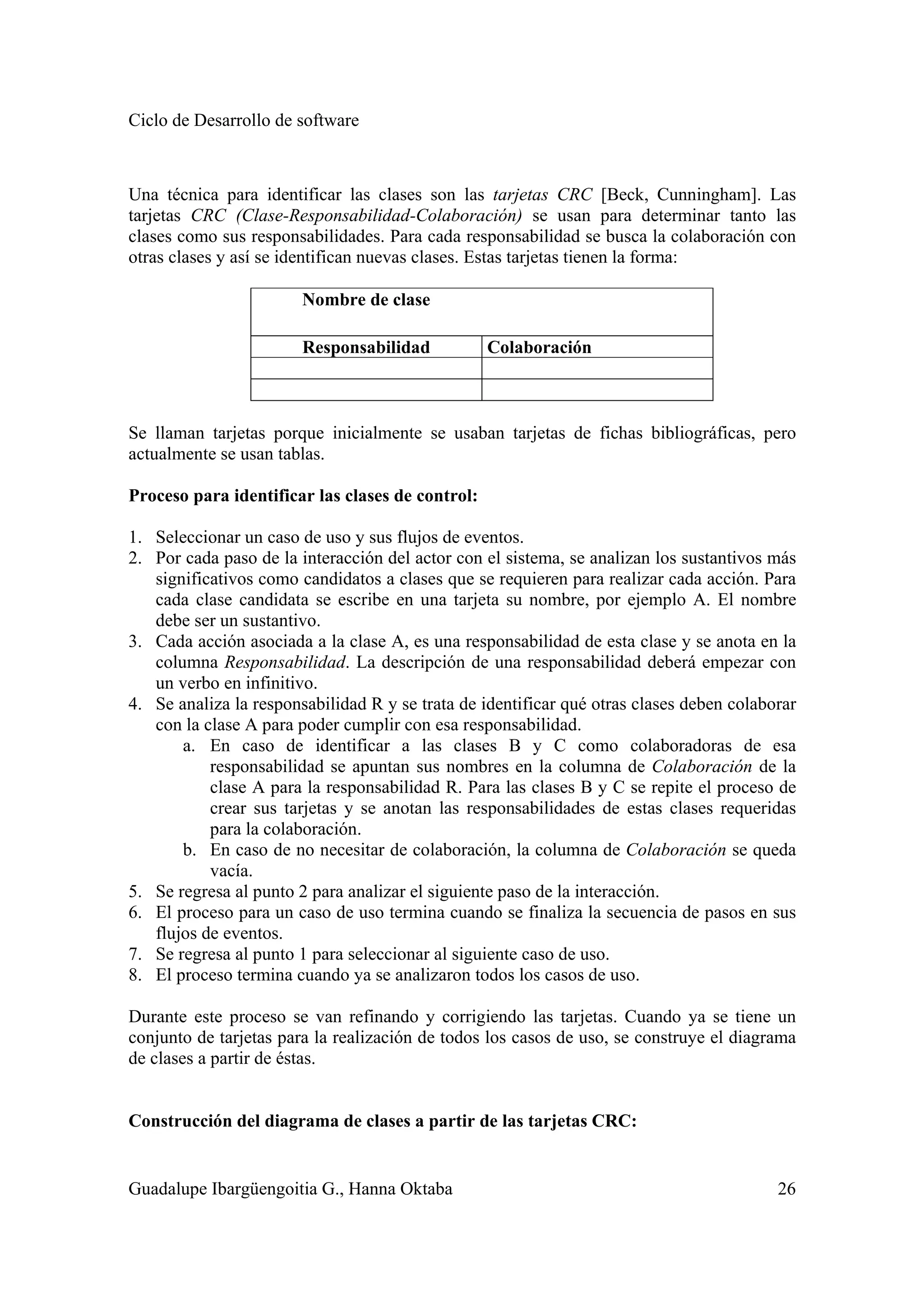 Ciclo de Desarrollo de software
Guadalupe Ibargüengoitia G., Hanna Oktaba 26
Una técnica para identificar las clases son las tarjetas CRC [Beck, Cunningham]. Las
tarjetas CRC (Clase-Responsabilidad-Colaboración) se usan para determinar tanto las
clases como sus responsabilidades. Para cada responsabilidad se busca la colaboración con
otras clases y así se identifican nuevas clases. Estas tarjetas tienen la forma:
Nombre de clase
Responsabilidad Colaboración
Se llaman tarjetas porque inicialmente se usaban tarjetas de fichas bibliográficas, pero
actualmente se usan tablas.
Proceso para identificar las clases de control:
1. Seleccionar un caso de uso y sus flujos de eventos.
2. Por cada paso de la interacción del actor con el sistema, se analizan los sustantivos más
significativos como candidatos a clases que se requieren para realizar cada acción. Para
cada clase candidata se escribe en una tarjeta su nombre, por ejemplo A. El nombre
debe ser un sustantivo.
3. Cada acción asociada a la clase A, es una responsabilidad de esta clase y se anota en la
columna Responsabilidad. La descripción de una responsabilidad deberá empezar con
un verbo en infinitivo.
4. Se analiza la responsabilidad R y se trata de identificar qué otras clases deben colaborar
con la clase A para poder cumplir con esa responsabilidad.
a. En caso de identificar a las clases B y C como colaboradoras de esa
responsabilidad se apuntan sus nombres en la columna de Colaboración de la
clase A para la responsabilidad R. Para las clases B y C se repite el proceso de
crear sus tarjetas y se anotan las responsabilidades de estas clases requeridas
para la colaboración.
b. En caso de no necesitar de colaboración, la columna de Colaboración se queda
vacía.
5. Se regresa al punto 2 para analizar el siguiente paso de la interacción.
6. El proceso para un caso de uso termina cuando se finaliza la secuencia de pasos en sus
flujos de eventos.
7. Se regresa al punto 1 para seleccionar al siguiente caso de uso.
8. El proceso termina cuando ya se analizaron todos los casos de uso.
Durante este proceso se van refinando y corrigiendo las tarjetas. Cuando ya se tiene un
conjunto de tarjetas para la realización de todos los casos de uso, se construye el diagrama
de clases a partir de éstas.
Construcción del diagrama de clases a partir de las tarjetas CRC:
 