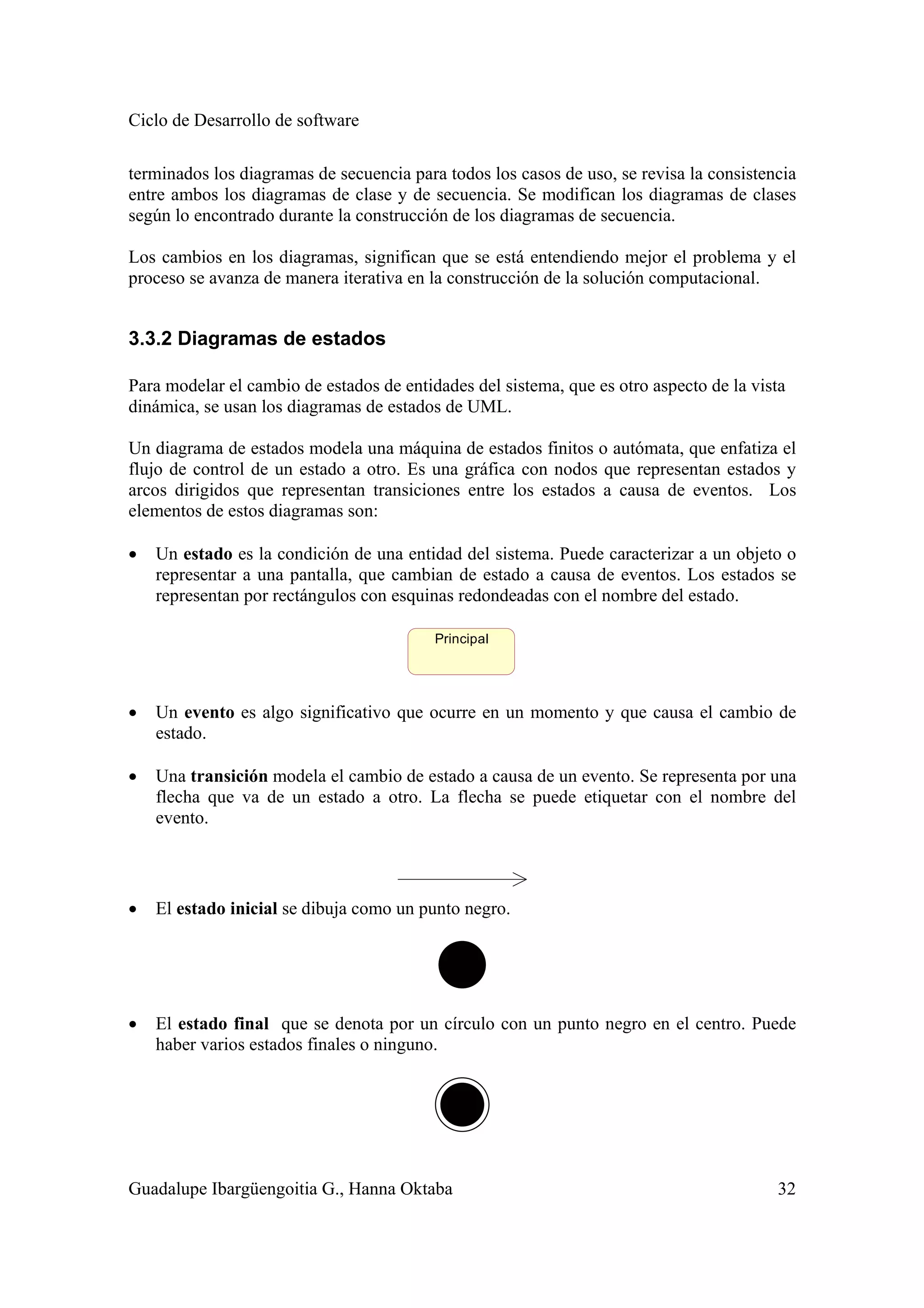 Ciclo de Desarrollo de software
Guadalupe Ibargüengoitia G., Hanna Oktaba 32
terminados los diagramas de secuencia para todos los casos de uso, se revisa la consistencia
entre ambos los diagramas de clase y de secuencia. Se modifican los diagramas de clases
según lo encontrado durante la construcción de los diagramas de secuencia.
Los cambios en los diagramas, significan que se está entendiendo mejor el problema y el
proceso se avanza de manera iterativa en la construcción de la solución computacional.
3.3.2 Diagramas de estados
Para modelar el cambio de estados de entidades del sistema, que es otro aspecto de la vista
dinámica, se usan los diagramas de estados de UML.
Un diagrama de estados modela una máquina de estados finitos o autómata, que enfatiza el
flujo de control de un estado a otro. Es una gráfica con nodos que representan estados y
arcos dirigidos que representan transiciones entre los estados a causa de eventos. Los
elementos de estos diagramas son:
• Un estado es la condición de una entidad del sistema. Puede caracterizar a un objeto o
representar a una pantalla, que cambian de estado a causa de eventos. Los estados se
representan por rectángulos con esquinas redondeadas con el nombre del estado.
Principal
• Un evento es algo significativo que ocurre en un momento y que causa el cambio de
estado.
• Una transición modela el cambio de estado a causa de un evento. Se representa por una
flecha que va de un estado a otro. La flecha se puede etiquetar con el nombre del
evento.
• El estado inicial se dibuja como un punto negro.
• El estado final que se denota por un círculo con un punto negro en el centro. Puede
haber varios estados finales o ninguno.
 