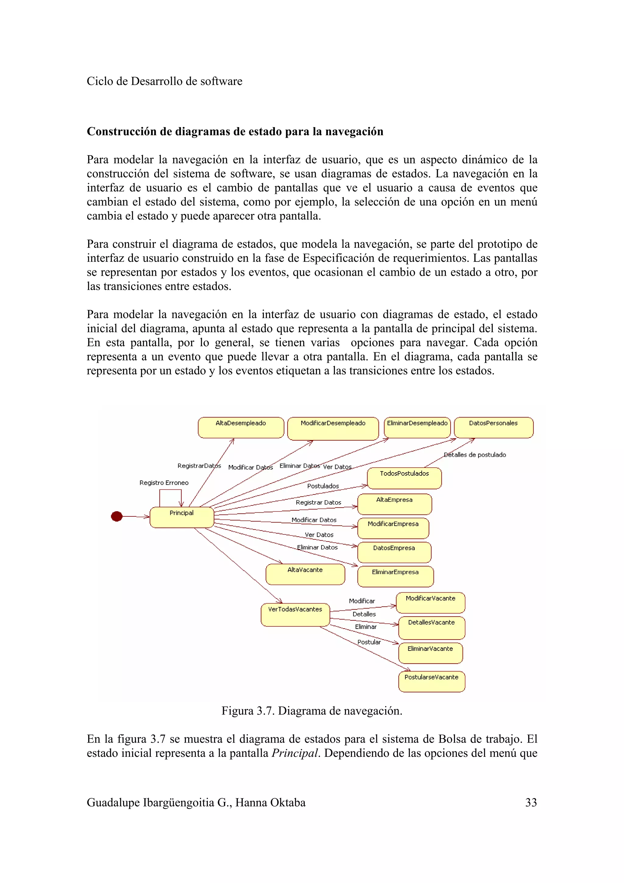 Ciclo de Desarrollo de software
Guadalupe Ibargüengoitia G., Hanna Oktaba 33
Construcción de diagramas de estado para la navegación
Para modelar la navegación en la interfaz de usuario, que es un aspecto dinámico de la
construcción del sistema de software, se usan diagramas de estados. La navegación en la
interfaz de usuario es el cambio de pantallas que ve el usuario a causa de eventos que
cambian el estado del sistema, como por ejemplo, la selección de una opción en un menú
cambia el estado y puede aparecer otra pantalla.
Para construir el diagrama de estados, que modela la navegación, se parte del prototipo de
interfaz de usuario construido en la fase de Especificación de requerimientos. Las pantallas
se representan por estados y los eventos, que ocasionan el cambio de un estado a otro, por
las transiciones entre estados.
Para modelar la navegación en la interfaz de usuario con diagramas de estado, el estado
inicial del diagrama, apunta al estado que representa a la pantalla de principal del sistema.
En esta pantalla, por lo general, se tienen varias opciones para navegar. Cada opción
representa a un evento que puede llevar a otra pantalla. En el diagrama, cada pantalla se
representa por un estado y los eventos etiquetan a las transiciones entre los estados.
Figura 3.7. Diagrama de navegación.
En la figura 3.7 se muestra el diagrama de estados para el sistema de Bolsa de trabajo. El
estado inicial representa a la pantalla Principal. Dependiendo de las opciones del menú que
 