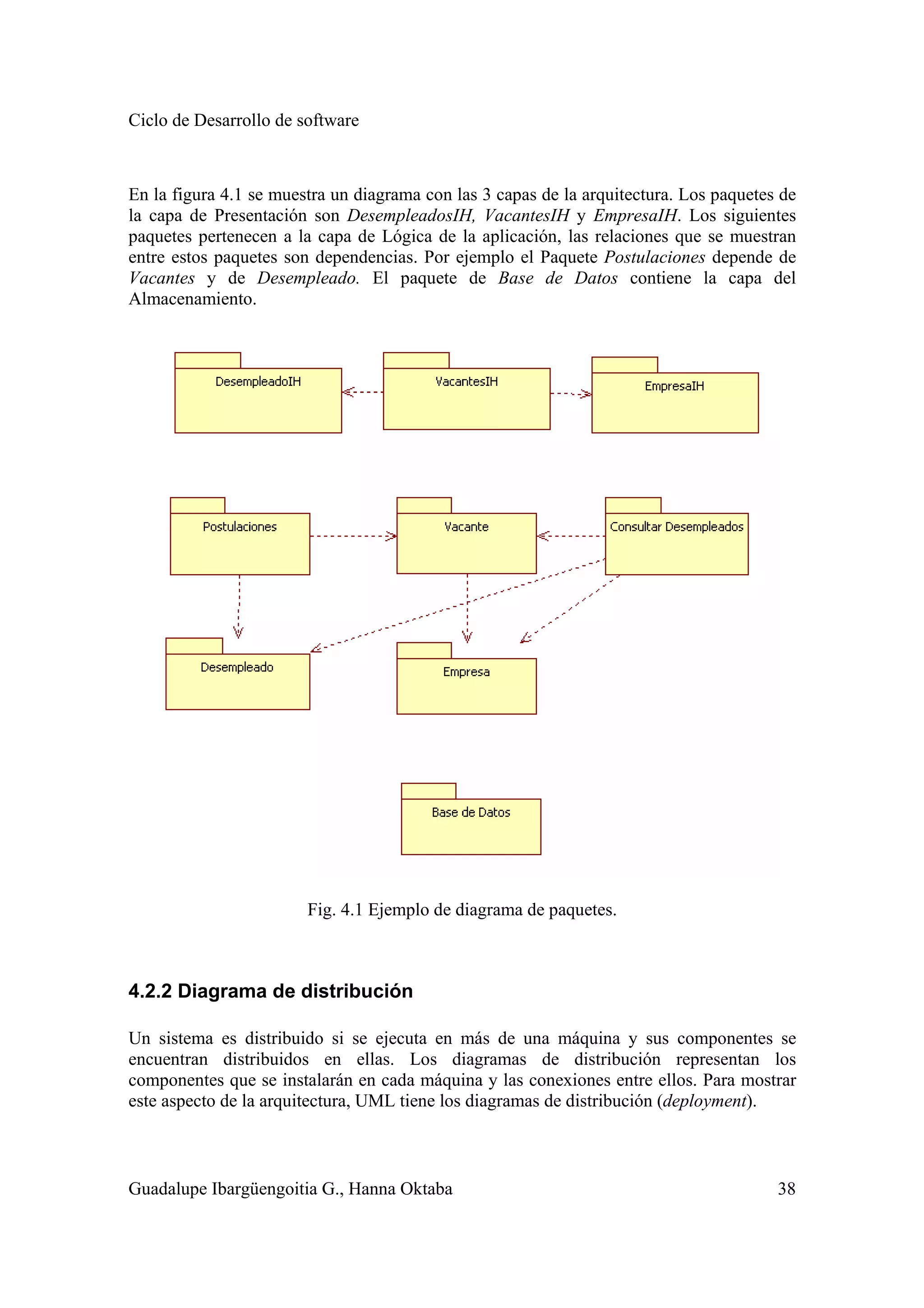 Ciclo de Desarrollo de software
Guadalupe Ibargüengoitia G., Hanna Oktaba 38
En la figura 4.1 se muestra un diagrama con las 3 capas de la arquitectura. Los paquetes de
la capa de Presentación son DesempleadosIH, VacantesIH y EmpresaIH. Los siguientes
paquetes pertenecen a la capa de Lógica de la aplicación, las relaciones que se muestran
entre estos paquetes son dependencias. Por ejemplo el Paquete Postulaciones depende de
Vacantes y de Desempleado. El paquete de Base de Datos contiene la capa del
Almacenamiento.
Fig. 4.1 Ejemplo de diagrama de paquetes.
4.2.2 Diagrama de distribución
Un sistema es distribuido si se ejecuta en más de una máquina y sus componentes se
encuentran distribuidos en ellas. Los diagramas de distribución representan los
componentes que se instalarán en cada máquina y las conexiones entre ellos. Para mostrar
este aspecto de la arquitectura, UML tiene los diagramas de distribución (deployment).
 