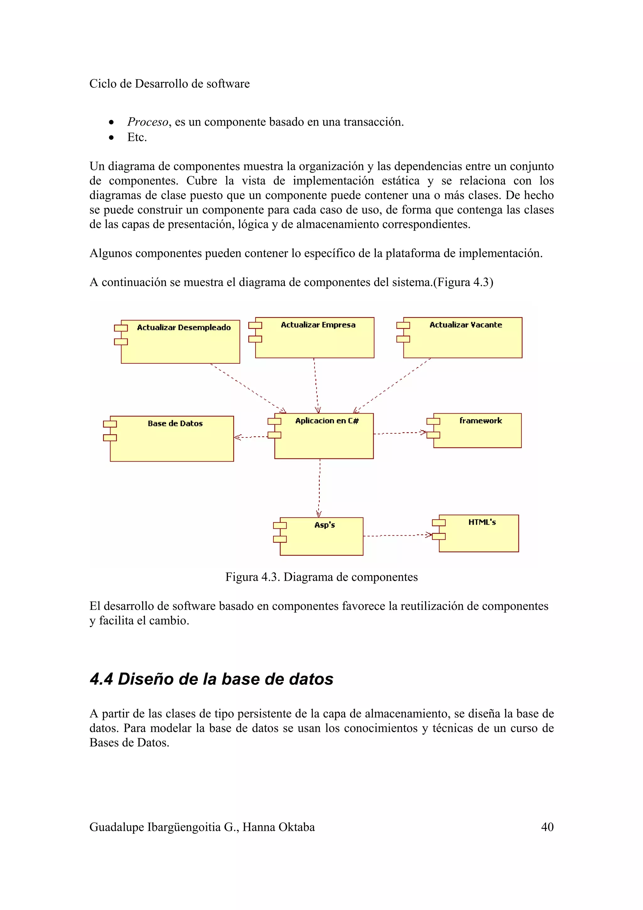 Ciclo de Desarrollo de software
Guadalupe Ibargüengoitia G., Hanna Oktaba 40
• Proceso, es un componente basado en una transacción.
• Etc.
Un diagrama de componentes muestra la organización y las dependencias entre un conjunto
de componentes. Cubre la vista de implementación estática y se relaciona con los
diagramas de clase puesto que un componente puede contener una o más clases. De hecho
se puede construir un componente para cada caso de uso, de forma que contenga las clases
de las capas de presentación, lógica y de almacenamiento correspondientes.
Algunos componentes pueden contener lo específico de la plataforma de implementación.
A continuación se muestra el diagrama de componentes del sistema.(Figura 4.3)
Figura 4.3. Diagrama de componentes
El desarrollo de software basado en componentes favorece la reutilización de componentes
y facilita el cambio.
4.4 Diseño de la base de datos
A partir de las clases de tipo persistente de la capa de almacenamiento, se diseña la base de
datos. Para modelar la base de datos se usan los conocimientos y técnicas de un curso de
Bases de Datos.
 