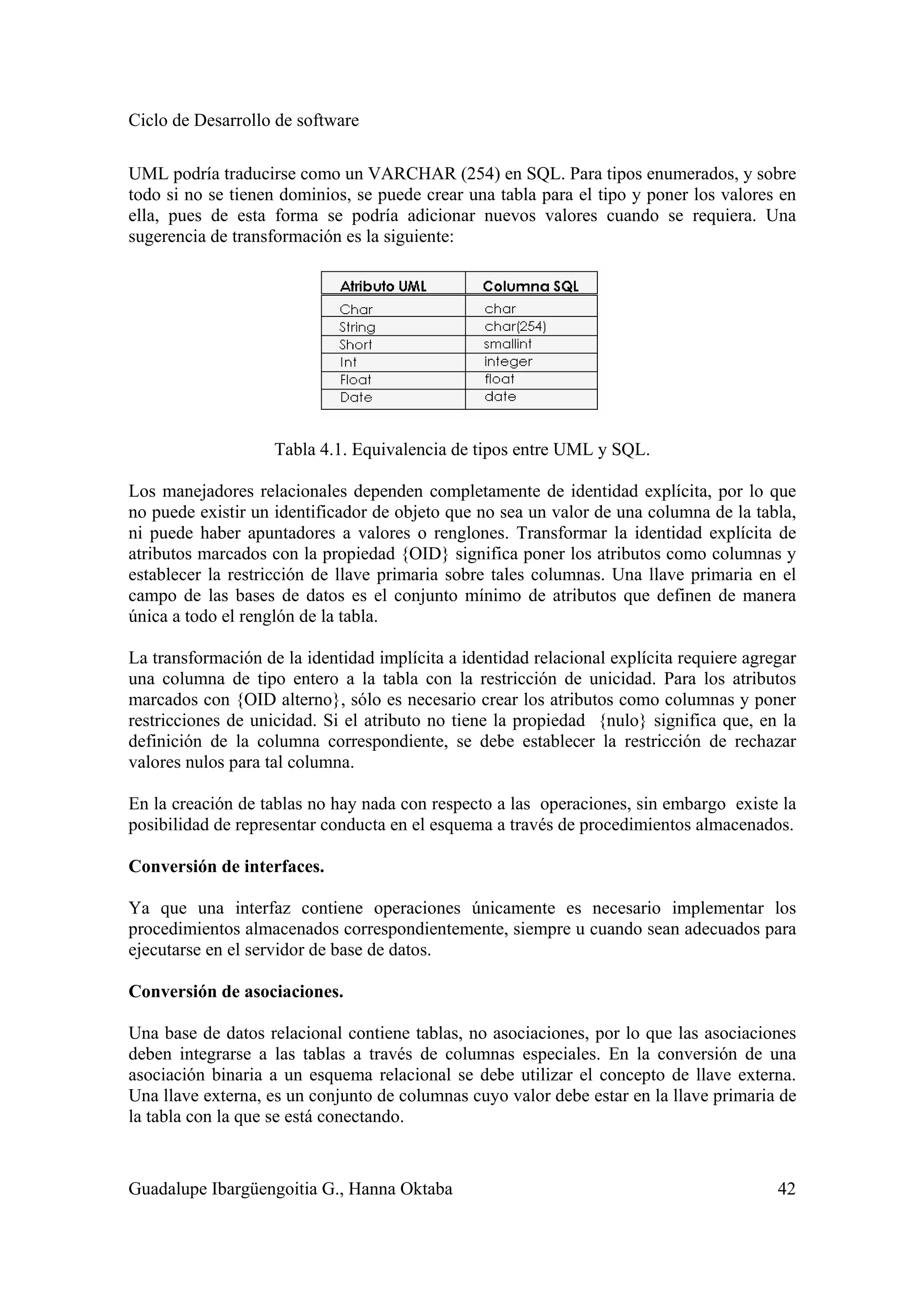 Ciclo de Desarrollo de software
Guadalupe Ibargüengoitia G., Hanna Oktaba 42
UML podría traducirse como un VARCHAR (254) en SQL. Para tipos enumerados, y sobre
todo si no se tienen dominios, se puede crear una tabla para el tipo y poner los valores en
ella, pues de esta forma se podría adicionar nuevos valores cuando se requiera. Una
sugerencia de transformación es la siguiente:
Tabla 4.1. Equivalencia de tipos entre UML y SQL.
Los manejadores relacionales dependen completamente de identidad explícita, por lo que
no puede existir un identificador de objeto que no sea un valor de una columna de la tabla,
ni puede haber apuntadores a valores o renglones. Transformar la identidad explícita de
atributos marcados con la propiedad {OID} significa poner los atributos como columnas y
establecer la restricción de llave primaria sobre tales columnas. Una llave primaria en el
campo de las bases de datos es el conjunto mínimo de atributos que definen de manera
única a todo el renglón de la tabla.
La transformación de la identidad implícita a identidad relacional explícita requiere agregar
una columna de tipo entero a la tabla con la restricción de unicidad. Para los atributos
marcados con {OID alterno}, sólo es necesario crear los atributos como columnas y poner
restricciones de unicidad. Si el atributo no tiene la propiedad {nulo} significa que, en la
definición de la columna correspondiente, se debe establecer la restricción de rechazar
valores nulos para tal columna.
En la creación de tablas no hay nada con respecto a las operaciones, sin embargo existe la
posibilidad de representar conducta en el esquema a través de procedimientos almacenados.
Conversión de interfaces.
Ya que una interfaz contiene operaciones únicamente es necesario implementar los
procedimientos almacenados correspondientemente, siempre u cuando sean adecuados para
ejecutarse en el servidor de base de datos.
Conversión de asociaciones.
Una base de datos relacional contiene tablas, no asociaciones, por lo que las asociaciones
deben integrarse a las tablas a través de columnas especiales. En la conversión de una
asociación binaria a un esquema relacional se debe utilizar el concepto de llave externa.
Una llave externa, es un conjunto de columnas cuyo valor debe estar en la llave primaria de
la tabla con la que se está conectando.
 