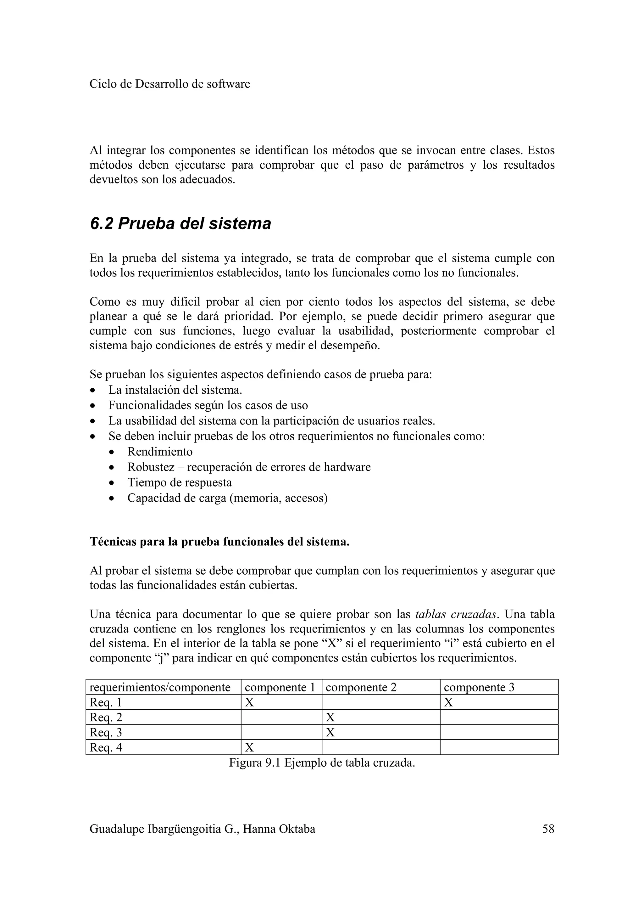 Ciclo de Desarrollo de software
Guadalupe Ibargüengoitia G., Hanna Oktaba 58
Al integrar los componentes se identifican los métodos que se invocan entre clases. Estos
métodos deben ejecutarse para comprobar que el paso de parámetros y los resultados
devueltos son los adecuados.
6.2 Prueba del sistema
En la prueba del sistema ya integrado, se trata de comprobar que el sistema cumple con
todos los requerimientos establecidos, tanto los funcionales como los no funcionales.
Como es muy difícil probar al cien por ciento todos los aspectos del sistema, se debe
planear a qué se le dará prioridad. Por ejemplo, se puede decidir primero asegurar que
cumple con sus funciones, luego evaluar la usabilidad, posteriormente comprobar el
sistema bajo condiciones de estrés y medir el desempeño.
Se prueban los siguientes aspectos definiendo casos de prueba para:
• La instalación del sistema.
• Funcionalidades según los casos de uso
• La usabilidad del sistema con la participación de usuarios reales.
• Se deben incluir pruebas de los otros requerimientos no funcionales como:
• Rendimiento
• Robustez – recuperación de errores de hardware
• Tiempo de respuesta
• Capacidad de carga (memoria, accesos)
Técnicas para la prueba funcionales del sistema.
Al probar el sistema se debe comprobar que cumplan con los requerimientos y asegurar que
todas las funcionalidades están cubiertas.
Una técnica para documentar lo que se quiere probar son las tablas cruzadas. Una tabla
cruzada contiene en los renglones los requerimientos y en las columnas los componentes
del sistema. En el interior de la tabla se pone “X” si el requerimiento “i” está cubierto en el
componente “j” para indicar en qué componentes están cubiertos los requerimientos.
requerimientos/componente componente 1 componente 2 componente 3
Req. 1 X X
Req. 2 X
Req. 3 X
Req. 4 X
Figura 9.1 Ejemplo de tabla cruzada.
 