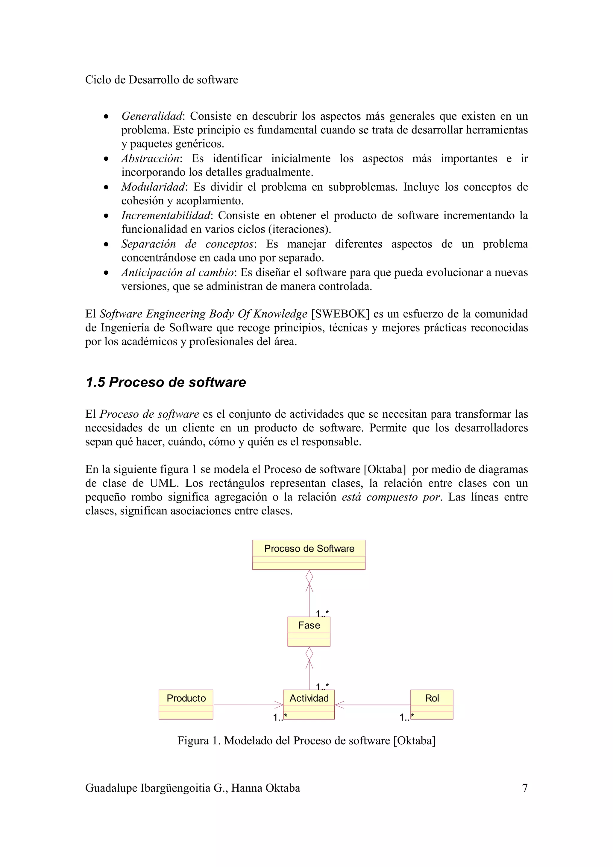 Ciclo de Desarrollo de software
Guadalupe Ibargüengoitia G., Hanna Oktaba 7
• Generalidad: Consiste en descubrir los aspectos más generales que existen en un
problema. Este principio es fundamental cuando se trata de desarrollar herramientas
y paquetes genéricos.
• Abstracción: Es identificar inicialmente los aspectos más importantes e ir
incorporando los detalles gradualmente.
• Modularidad: Es dividir el problema en subproblemas. Incluye los conceptos de
cohesión y acoplamiento.
• Incrementabilidad: Consiste en obtener el producto de software incrementando la
funcionalidad en varios ciclos (iteraciones).
• Separación de conceptos: Es manejar diferentes aspectos de un problema
concentrándose en cada uno por separado.
• Anticipación al cambio: Es diseñar el software para que pueda evolucionar a nuevas
versiones, que se administran de manera controlada.
El Software Engineering Body Of Knowledge [SWEBOK] es un esfuerzo de la comunidad
de Ingeniería de Software que recoge principios, técnicas y mejores prácticas reconocidas
por los académicos y profesionales del área.
1.5 Proceso de software
El Proceso de software es el conjunto de actividades que se necesitan para transformar las
necesidades de un cliente en un producto de software. Permite que los desarrolladores
sepan qué hacer, cuándo, cómo y quién es el responsable.
En la siguiente figura 1 se modela el Proceso de software [Oktaba] por medio de diagramas
de clase de UML. Los rectángulos representan clases, la relación entre clases con un
pequeño rombo significa agregación o la relación está compuesto por. Las líneas entre
clases, significan asociaciones entre clases.
1..*
Proceso de Software
Fase
1..*
Producto RolActividad
1..*1..*
1..* 1..*1..*1..*
Figura 1. Modelado del Proceso de software [Oktaba]
 
