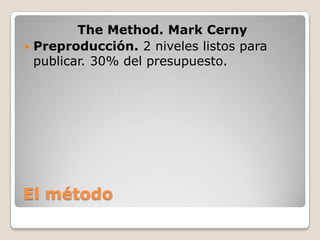 El métodoThe Method. Mark CernyPreproducción. 2 niveles listos para publicar. 30% del presupuesto. 