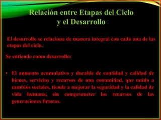 Relación entre Etapas del Ciclo 
y el Desarrollo 
El desarrollo se relaciona de manera integral con cada una de las 
etapas del ciclo. 
Se entiende como desarrollo: 
• El aumento acumulativo y durable de cantidad y calidad de 
bienes, servicios y recursos de una comunidad, que unido a 
cambios sociales, tiende a mejorar la seguridad y la calidad de 
vida humana, sin comprometer los recursos de las 
generaciones futuras. 
 