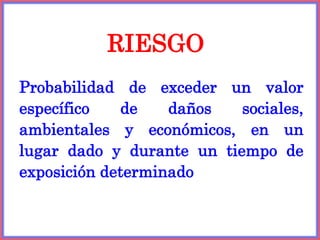 RIESGO
Probabilidad de exceder un valor
específico de daños sociales,
ambientales y económicos, en un
lugar dado y durante un tiempo de
exposición determinado
 