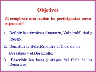 Objetivos
1. Definir los términos Amenaza, Vulnerabilidad y
Riesgo.
2. Describir la Relación entre el Ciclo de los
Desastres y el Desarrollo.
3. Describir las fases y etapas del Ciclo de los
Desastres
Al completar esta lección los participantes seran
capaces de:
 