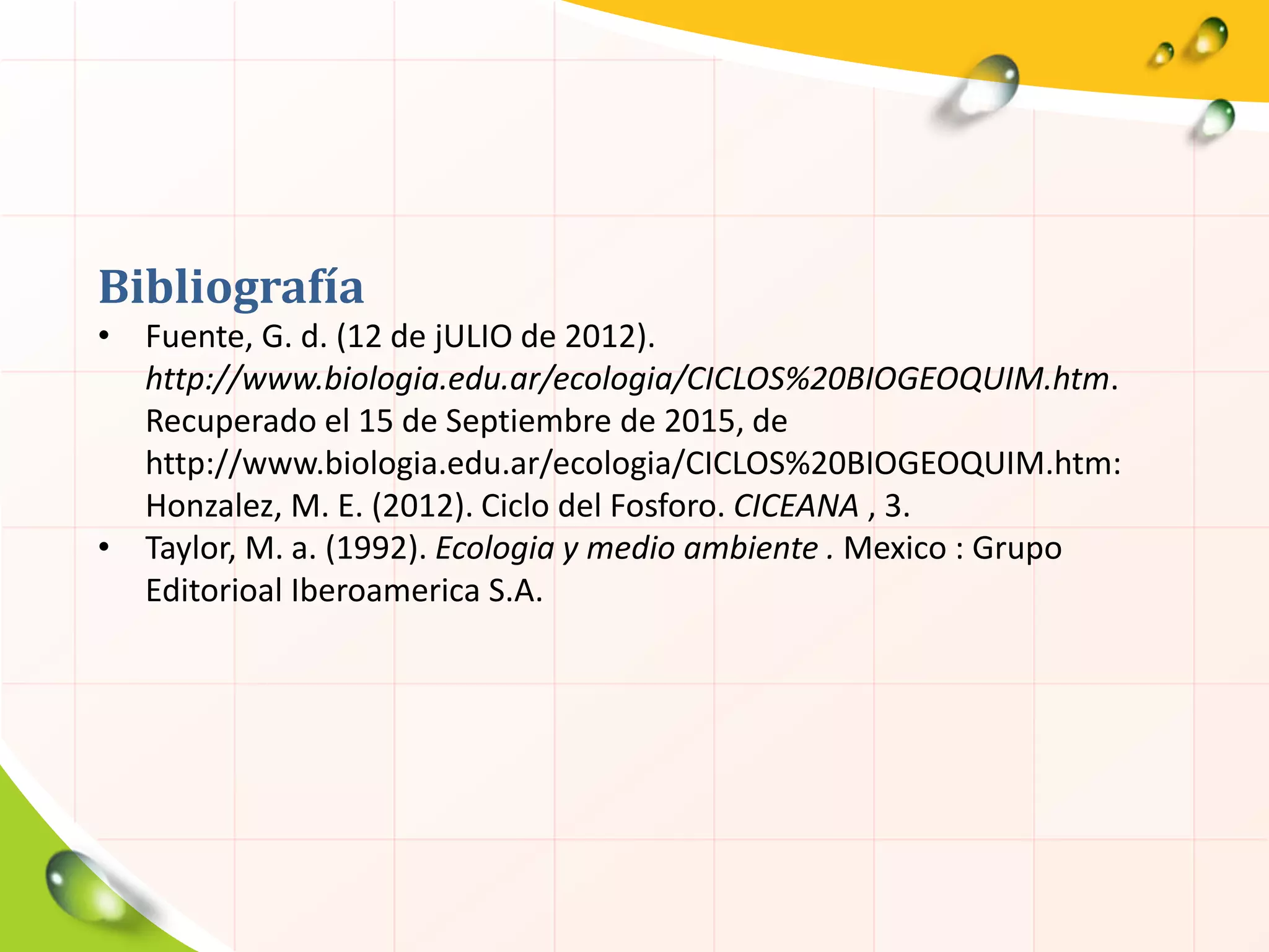 Bibliografía
• Fuente, G. d. (12 de jULIO de 2012).
http://www.biologia.edu.ar/ecologia/CICLOS%20BIOGEOQUIM.htm.
Recuperado el 15 de Septiembre de 2015, de
http://www.biologia.edu.ar/ecologia/CICLOS%20BIOGEOQUIM.htm:
Honzalez, M. E. (2012). Ciclo del Fosforo. CICEANA , 3.
• Taylor, M. a. (1992). Ecologia y medio ambiente . Mexico : Grupo
Editorioal Iberoamerica S.A.
 
