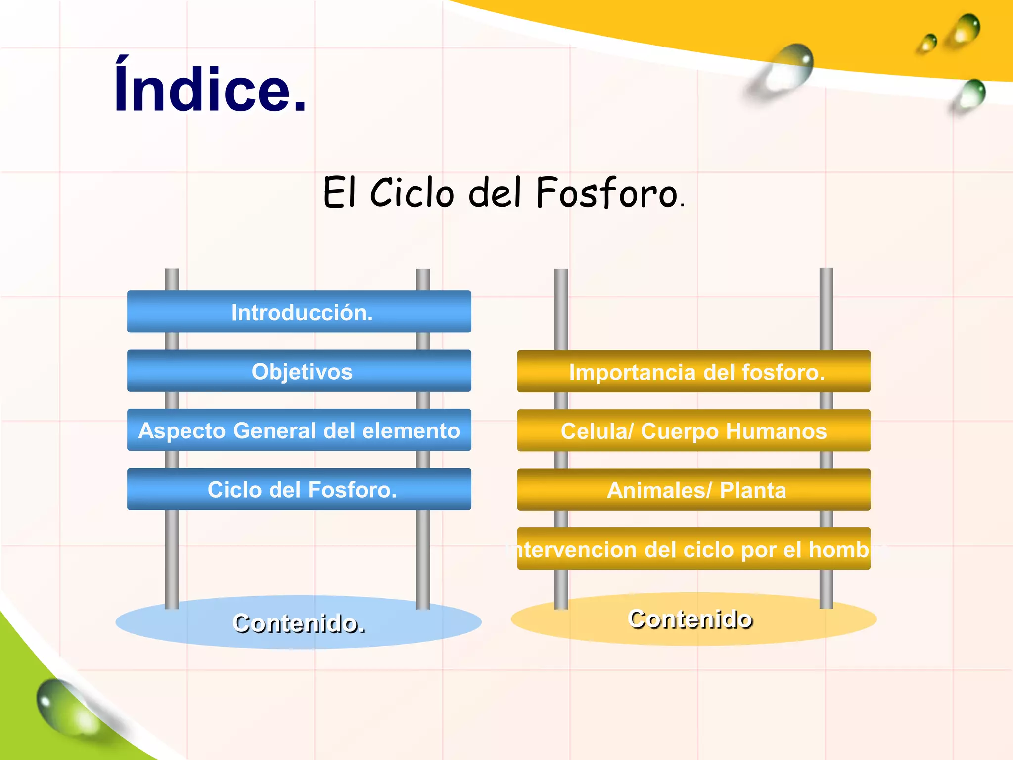 Índice.
Introducción.
Objetivos
Aspecto General del elemento
Ciclo del Fosforo.
El Ciclo del Fosforo.
Importancia del fosforo.
Celula/ Cuerpo Humanos
Animales/ Planta
Intervencion del ciclo por el hombre
Contenido. Contenido
 