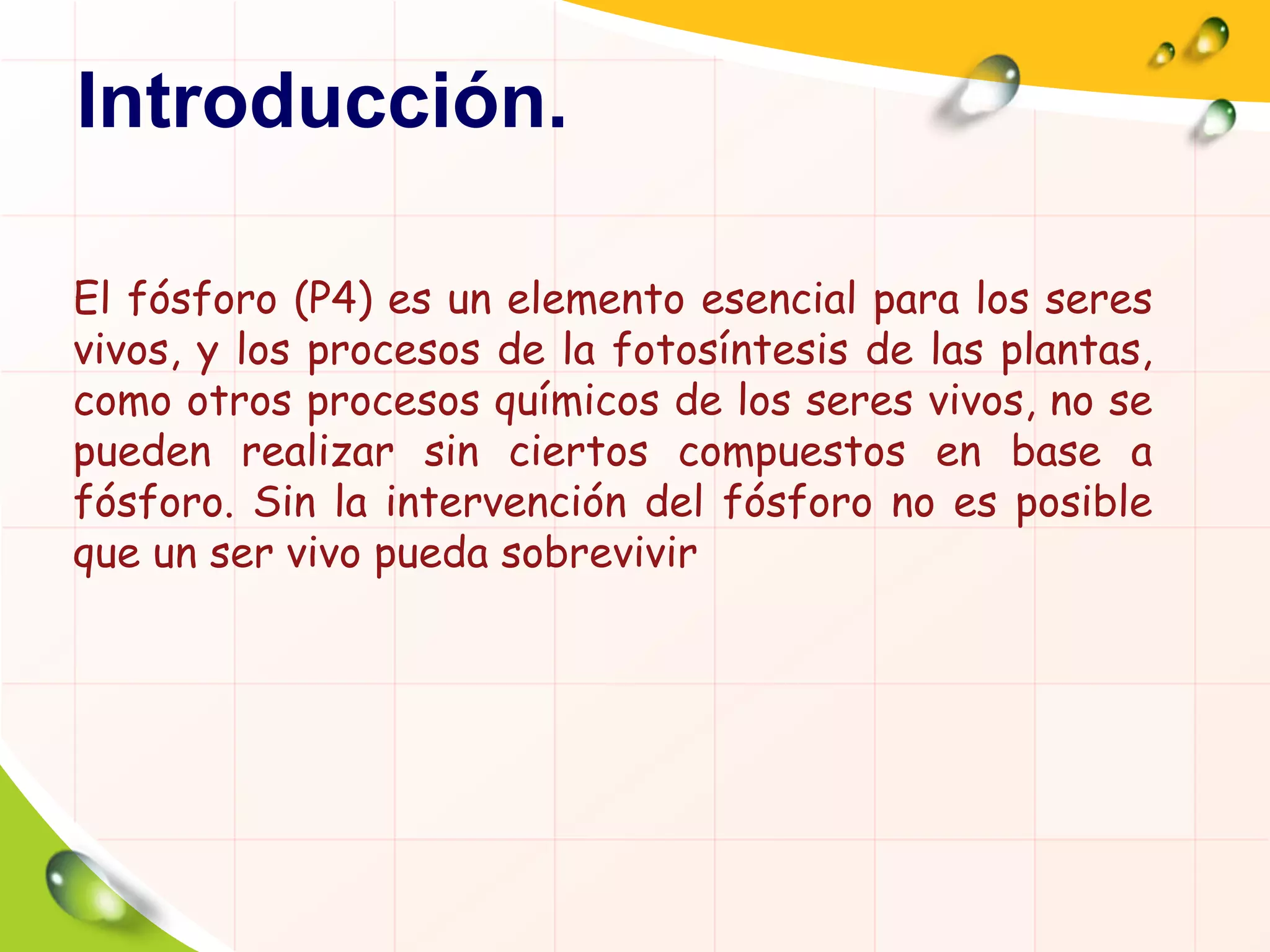 Introducción.
El fósforo (P4) es un elemento esencial para los seres
vivos, y los procesos de la fotosíntesis de las plantas,
como otros procesos químicos de los seres vivos, no se
pueden realizar sin ciertos compuestos en base a
fósforo. Sin la intervención del fósforo no es posible
que un ser vivo pueda sobrevivir
 