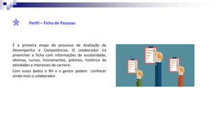 Perfil – Ficha de Pessoas
É a primeira etapa do processo de Avaliação de
Desempenho e Competências. O colaborador irá
preencher a ficha com informações de escolaridade,
idiomas, cursos, treinamentos, prêmios, histórico de
atividades e interesses de carreira.
Com esses dados o RH e o gestor podem conhecer
ainda mais o colaborador.
 