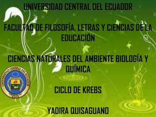 UNIVERSIDAD CENTRAL DEL ECUADOR
FACULTAD DE FILOSOFÍA, LETRAS Y CIENCIAS DE LA
EDUCACIÓN
CIENCIAS NATURALES DEL AMBIENTE BIOLOGÍA Y
QUÍMICA

CICLO DE KREBS
YADIRA QUISAGUANO

 