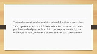 • También llamado ciclo del ácido cítrico o ciclo de los ácidos tricarboxílicos.
• Todo el proceso se realiza en la Mitocondria, ahí se encuentran las enzimas
para llevar a cabo el proceso. Es aeróbico, por lo que se necesita O2
como
oxidante, si no hay O2
suficiente, el proceso se inhibe total o parcialmente.
 