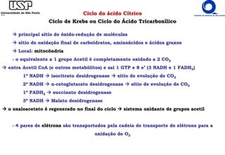 Ciclo do ácido Cítrico
Ciclo de Krebs ou Ciclo do Ácido Tricarboxílico
 principal sítio de óxido-redução de moléculas
 sítio de oxidação final de carboidratos, aminoácidos e ácidos graxos
 Local: mitocôndria
- o equivalente a 1 grupo Acetil é completamente oxidado a 2 CO2
 entra Acetil CoA (e outros metabólitos) e sai 1 GTP e 8 e’ (3 NADH e 1 FADH2)
1º NADH  isocitrato desidrogenase  sítio de evolução de CO2
2º NADH  α-cetoglutarato desidrogenase  sítio de evolução de CO2
1º FADH2  succinato desidrogenase
3º NADH  Malato desidrogenase
 o oxaloacetato é regenerado no final do ciclo  sistema oxidante de grupos acetil
- 4 pares de elétrons são transportados pela cadeia de transporte de elétrons para a
oxidação de O2
 