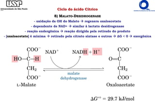 Ciclo do ácido Cítrico
8) MALATO-DESIDROGENASE
- oxidação da OH do Malato  regenera oxaloacetato
- dependente de NAD+  similar à lactato desidrogenase
- reação endergônica  reação dirigida pela retirado do produto
- [oxaloacetato] é mínima  retirado pela citrato sintase e outros  ΔG < 0  exergônica
 