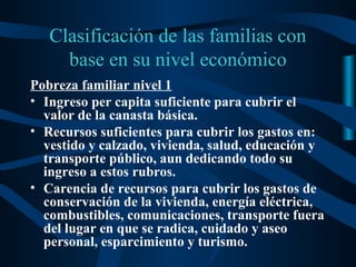 Clasificación de las familias con
     base en su nivel económico
Pobreza familiar nivel 1
• Ingreso per capita suficiente para cubrir el
  valor de la canasta básica.
• Recursos suficientes para cubrir los gastos en:
  vestido y calzado, vivienda, salud, educación y
  transporte público, aun dedicando todo su
  ingreso a estos rubros.
• Carencia de recursos para cubrir los gastos de
  conservación de la vivienda, energía eléctrica,
  combustibles, comunicaciones, transporte fuera
  del lugar en que se radica, cuidado y aseo
  personal, esparcimiento y turismo.
 
