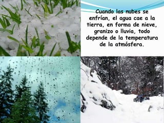 Cuando las nubes se enfrían, el agua cae a la tierra, en forma de nieve, granizo o lluvia, todo depende de la temperatura de la atmósfera.