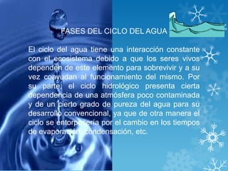 FASES DEL CICLO DEL AGUA

El ciclo del agua tiene una interacción constante
con el ecosistema debido a que los seres vivos
dependen de este elemento para sobrevivir y a su
vez coayudan al funcionamiento del mismo. Por
su parte, el ciclo hidrológico presenta cierta
dependencia de una atmósfera poco contaminada
y de un cierto grado de pureza del agua para su
desarrollo convencional, ya que de otra manera el
ciclo se entorpecería por el cambio en los tiempos
de evaporación, condensación, etc.
 