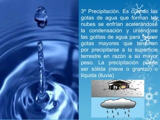 3º Precipitación. Es cuando las
gotas de agua que forman las
nubes se enfrían acelerándose
la condensación y uniéndose
las gotitas de agua para formar
gotas mayores que terminan
por precipitarse a la superficie
terrestre en razón a su mayor
peso. La precipitación puede
ser sólida (nieve o granizo) o
líquida (lluvia)
 