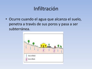Infiltración
• Ocurre cuando el agua que alcanza el suelo,
  penetra a través de sus poros y pasa a ser
  subterránea.
 