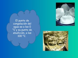 El punto de
 congelación del
 agua es a los 0
°C y su punto de
 ebullición, a los
     100 °C. 




                     13
 