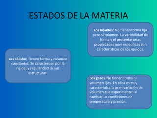 ESTADOS DE LA MATERIA
                                         Los líquidos: No tienen forma fija
                                        pero sí volumen. La variabilidad de
                                             forma y el presentar unas
                                         propiedades muy específicas son
                                           características de los líquidos.

Los sólidos: Tienen forma y volumen
 constantes. Se caracterizan por la
     rigidez y regularidad de sus
             estructuras.
                                      Los gases: No tienen forma ni
                                      volumen fijos. En ellos es muy
                                      característica la gran variación de
                                      volumen que experimentan al
                                      cambiar las condiciones de
                                      temperatura y presión.

                                                                            14
 