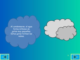 Al condensarse, el agua
   forma millones de
 gotas muy pequeñas.
Estas gotas forman las
        nubes.




                          9
 