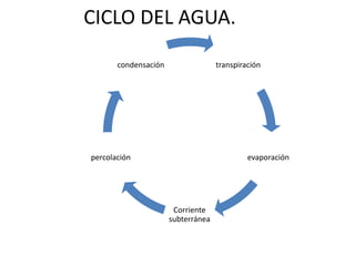 CICLO DEL AGUA.

       condensación                 transpiración




percolación                                  evaporación




                       Corriente
                      subterránea
 