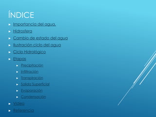 ÍNDICE
►   Importancia del agua.
►   Hidrosfera
►   Cambio de estado del agua
►   Ilustración ciclo del agua
►   Ciclo Hidrológico
►   Etapas
     ►   Precipitación
     ►   Infiltración
     ►   Transpiración
     ►   Salida Superficial
     ►   Evaporación
     ►   Condensación
►   Video
►   Referencia
 
