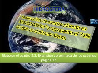 HIDROSFERA




Elaborar el cuadro 2.3. Extensión aproximada de los océanos
                          pagina 77.
 