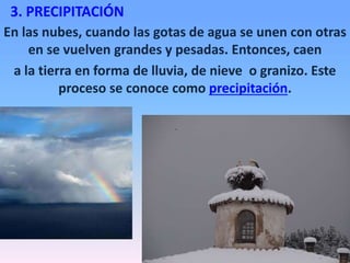 3. PRECIPITACIÓN
En las nubes, cuando las gotas de agua se unen con otras
en se vuelven grandes y pesadas. Entonces, caen
a la tierra en forma de lluvia, de nieve o granizo. Este
proceso se conoce como precipitación.