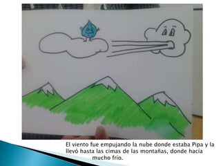 El viento fue empujando la nube donde estaba Pipa y la
llevó hasta las cimas de las montañas, donde hacía
mucho frío.
 