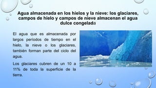Agua almacenada en los hielos y la nieve: los glaciares,
campos de hielo y campos de nieve almacenan el agua
dulce congelada
El agua que es almacenada por
largos períodos de tiempo en el
hielo, la nieve o los glaciares,
también forman parte del ciclo del
agua.
Los glaciares cubren de un 10 a
11% de toda la superficie de la
tierra.
 