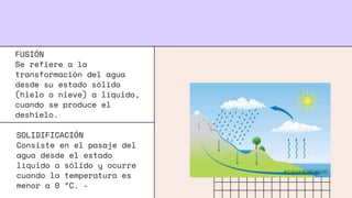 FUSIÓN
Se refiere a la
transformación del agua
desde su estado sólido
(hielo o nieve) a líquido,
cuando se produce el
deshielo.
SOLIDIFICACIÓN
Consiste en el pasaje del
agua desde el estado
líquido a sólido y ocurre
cuando la temperatura es
menor a 0 ºC. -
 