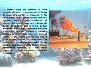 La mayor parte del carbono se halla
inmovilizado en la corteza terrestre en forma
de rocas, otra porción se encuentra en los
combustibles fósiles, principalmente carbón y
petróleo, aunque, a lo largo de la historia del
planeta, ha existido una acumulación de
dióxido de carbono que no se ha podido
incorporar al ciclo. Esto se observa a través de
la formación de rocas carbonadas llamadas
calizas o de combustibles fósiles tales como el
carbón, el gas natural y el petróleo, pero la
actividad del hombre ha determinado la
vuelta de importantes cantidades de ese
carbono, que durante tanto tiempo habían
permanecido separado, lo           cual, según
parece, esta ocasionando severos problemas a
la biosfera.
 