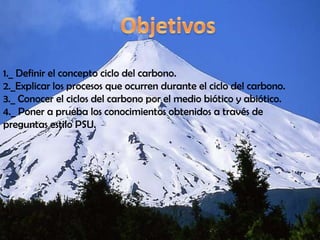 1._ Definir el concepto ciclo del carbono.
2._Explicar los procesos que ocurren durante el ciclo del carbono.
3._ Conocer el ciclos del carbono por el medio biótico y abiótico.
4._ Poner a prueba los conocimientos obtenidos a través de
preguntas estilo PSU.
 