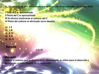 6._ De acuerdo al ciclo del carbono que se desarrolla en los animales, es correcto decir:

I Todo el C es aprovechado
II Parte del C es aprovechado
III Se elimina totalmente el carbono del C
IV Parte del carbono es eliminado como desecho

a)   I, II
b)   I, III
c)   II, IV
d)   II, II
e)   III, IV


 Correcta:
                              c) II, IV

¿Por qué?
Porque el carbono que se obtiene en la alimentación se utiliza para el desarrollo y
crecimiento, o como desecho de la respiración.
 