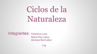 Ciclos de la
Naturaleza
Integrantes: Valentina Luna
Maria Paz Lobos
Denisse Bermúdez
7°B
 