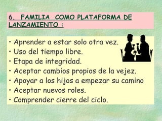 Aprender a estar solo otra vez. Uso del tiempo libre. Etapa de integridad. Aceptar cambios propios de la vejez. Apoyar a los hijos a empezar su camino Aceptar nuevos roles. Comprender cierre del ciclo. 6.   FAMILIA  COMO PLATAFORMA DE LANZAMIENTO : 