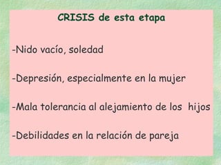 CRISIS de esta etapa Nido vacío, soledad Depresión, especialmente en la mujer Mala tolerancia al alejamiento de los  hijos Debilidades en la relación de pareja 