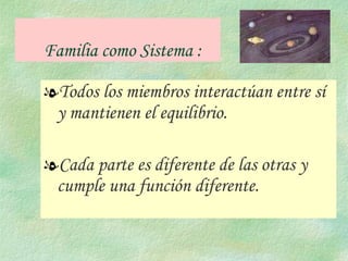 Todos los miembros interactúan entre sí y mantienen el equilibrio. Cada parte es diferente de las otras y cumple una función diferente. Familia como Sistema : 