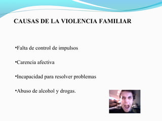 CAUSAS DE LA VIOLENCIA FAMILIAR

•Falta de control de impulsos
•Carencia afectiva
•Incapacidad para resolver problemas
•Ab...