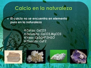 Calcio en la naturaleza
 El calcio no se encuentra en elemento
puro en la naturaleza
Caliza: CaCO3
Dolomita: CaCO3.MgCO3
Yeso: CaSO4*2H2O
Fluorita: CaF2
 