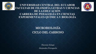 UNIVERSIDAD CENTRAL DEL ECUADOR
FACULTAD DE FILOSOFÍA LETRAS Y CIENCIAS
DE LA EDUCACIÓN
CARRERA DE PEDAGOGÍA EN CIENCIAS
EXPERIMENTALES QUÍMICA Y BIOLOGÍA
MICROBIOLOGÍA
CICLO DEL CARBONO
Dayana Inlago
Alejandra Perugachi
 