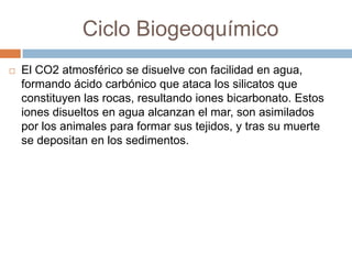 CicloBiogeoquímicoEl CO2 atmosférico se disuelve con facilidad en agua, formando ácido carbónico que ataca los silicatos que constituyen las rocas, resultando iones bicarbonato. Estos iones disueltos en agua alcanzan el mar, son asimilados por los animales para formar sus tejidos, y tras su muerte se depositan en los sedimentos.