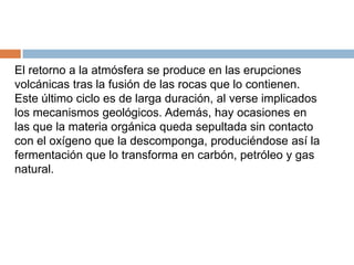 El retorno a la atmósfera se produce en las erupciones volcánicas tras la fusión de las rocas que lo contienen. Este último ciclo es de larga duración, al verse implicados los mecanismos geológicos. Además, hay ocasiones en las que la materia orgánica queda sepultada sin contacto con el oxígeno que la descomponga, produciéndose así la fermentación que lo transforma en carbón, petróleo y gas natural.